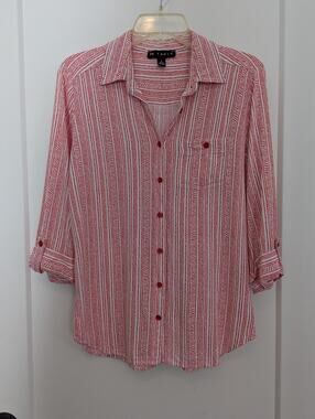 N Touch Women's Small Red Stripe Button Up Tunic Blouse Rayon Career Casual